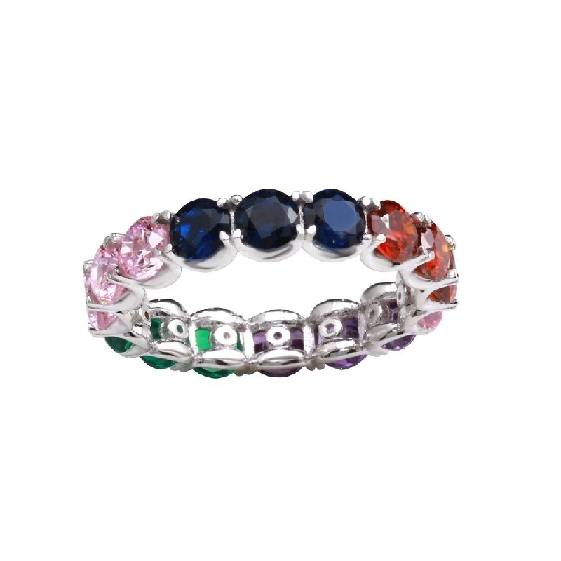 Ladies rings Valentine’s Day specials-Rhodium Plated 925 Sterling Silver Multi-Colored Round CZ Stone Ring - GMR00272RBC