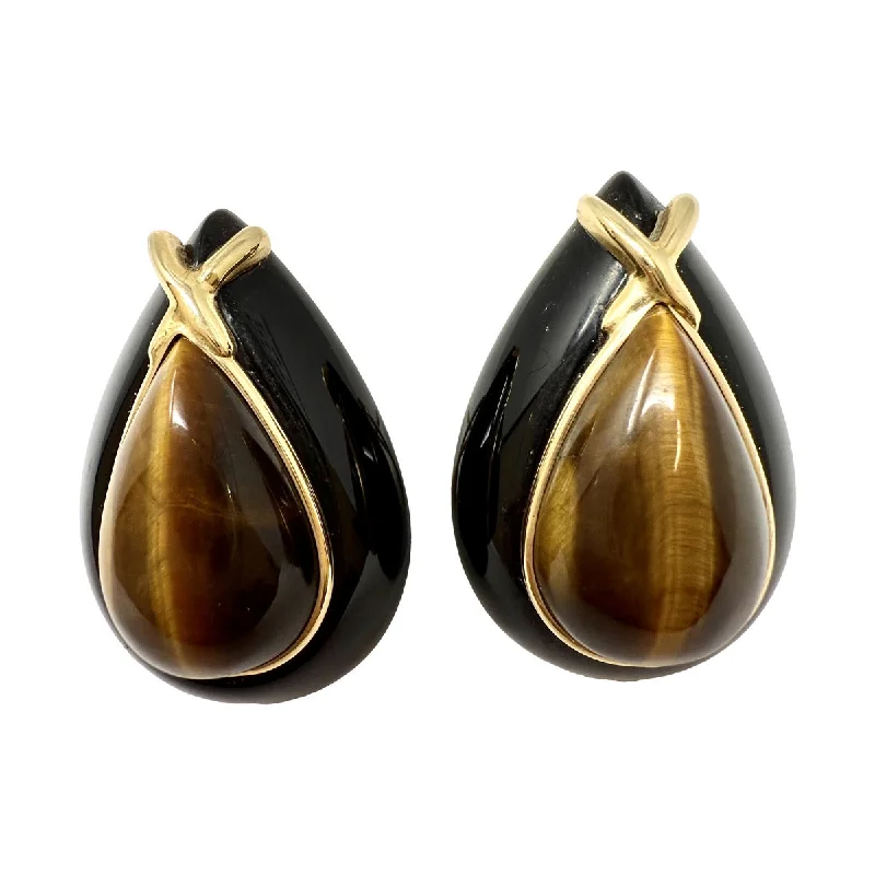 Ladies earrings textured drop designs-Teardrop Shaped Onyx Earrings with Tiger Eye and 14K Gold Accent