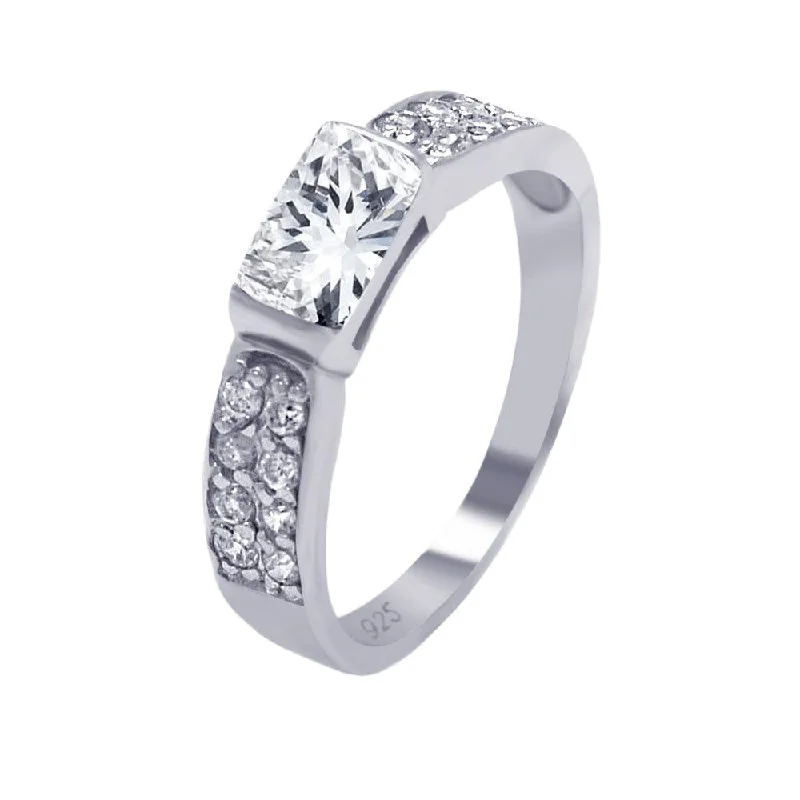 Ladies rings anniversary band designs-Silver 925 Rhodium Plated Clear Rectangular Center Pave CZ Ring - AAR0002CLR