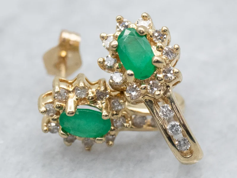 Ladies earrings stretch wire styles-Emerald and Diamond Stud Earrings