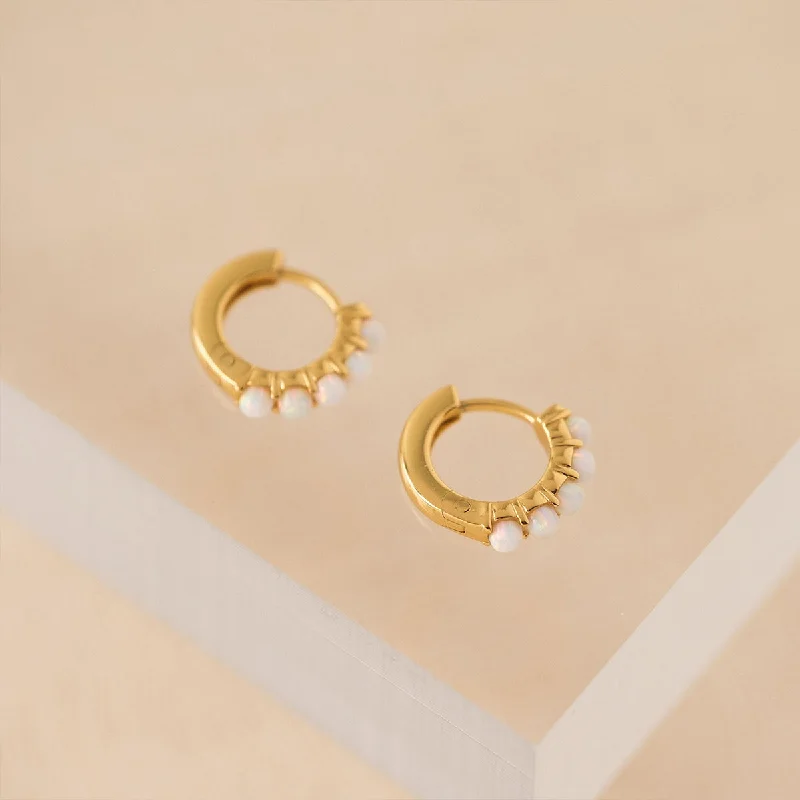 Ladies earrings Korean fashion designs-Gold Plated Opal Huggie Hoop Earrings