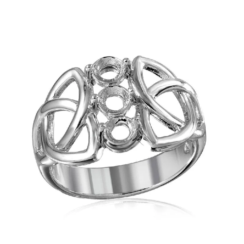 Ladies rings uniform width styles-Silver 925 Rhodium Plated Triquetra Shank 3 Stones Mounting Ring - BGR01214