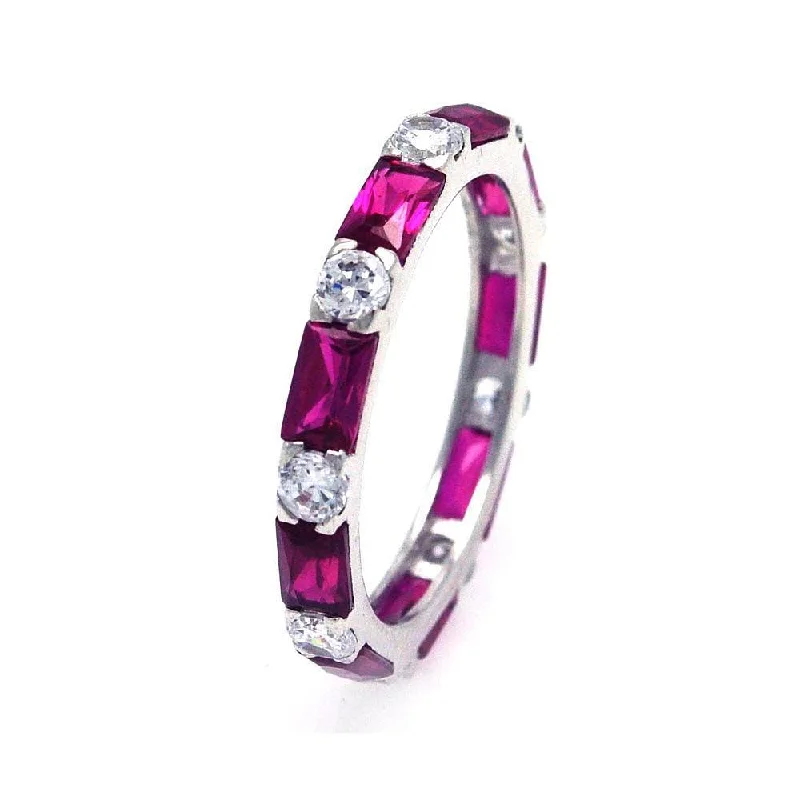 Ladies rings animal-inspired themes-Silver 925 Rhodium Plated Red Baguette Clear CZ Eternity Ring - STR00516RED