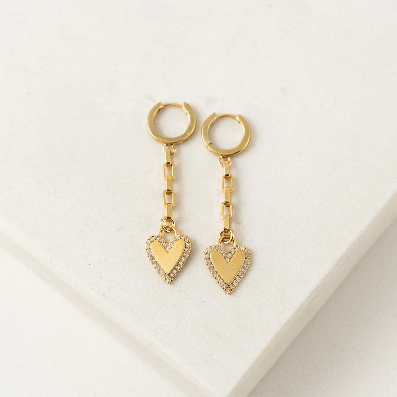 Ladies earrings oxidized finish styles-Gold Plated Verona Pave Heart Huggie Drop Hoop Earrings