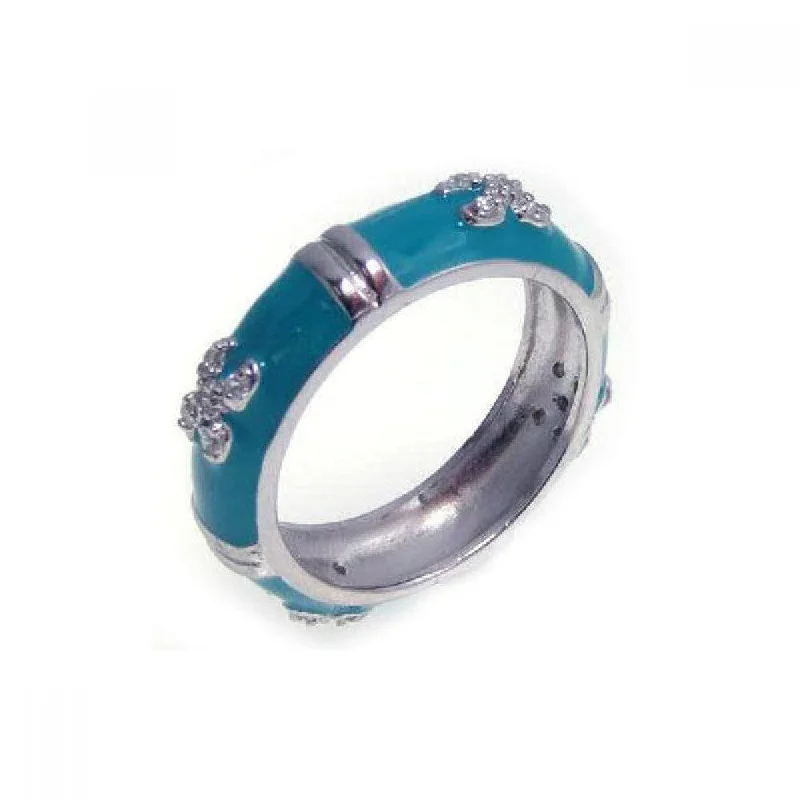 Ladies rings distressed look styles-Silver 925 Rhodium Plated Aqua Enamel CZ Eternity Ring - STR00541