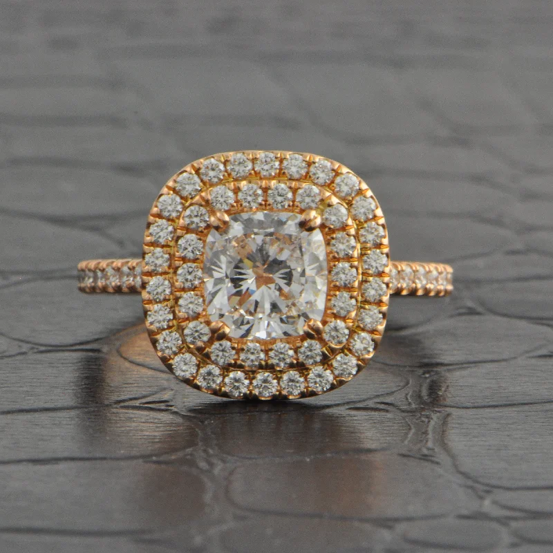 Ladies engagement rings marquise styles-GIA 1.41 D-VS2 Cushion Cut Diamond Halo Engagement Ring in Rose Gold