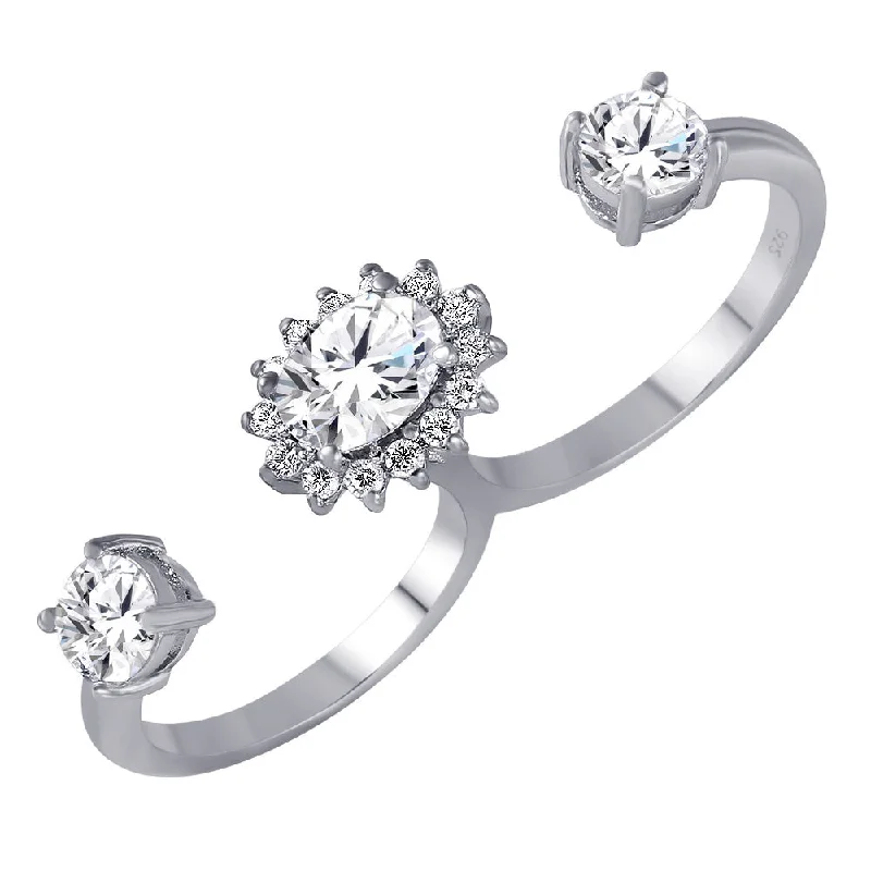 Ladies rings Indian-inspired styles-Silver 925 Clear CZ Cluster 2 Finger Open Ring - BGR00968