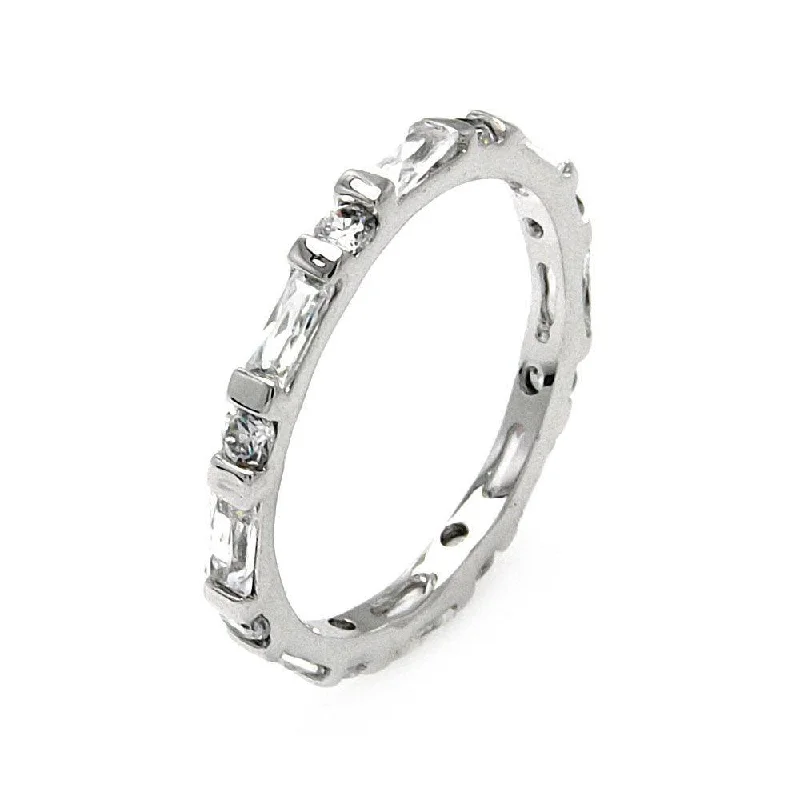 Ladies rings Korean fashion styles-Silver 925 Rhodium Plated Clear Round and Baguette CZ Stackable Eternity Ring - BGR00556