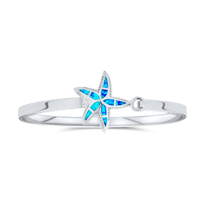 Ladies bracelets hand-forged styles-Nautical Starfish Blue Opal Bangle Bracelet in Polished Sterling Silver