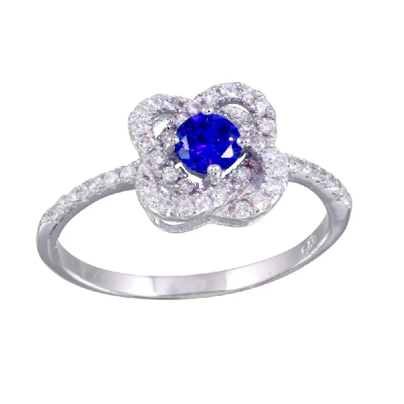 Ladies rings delicate thin bands-Rhodium Plated 925 Sterling Silver CZ Knot Blue Center Stone Ring - BGR01141BLU