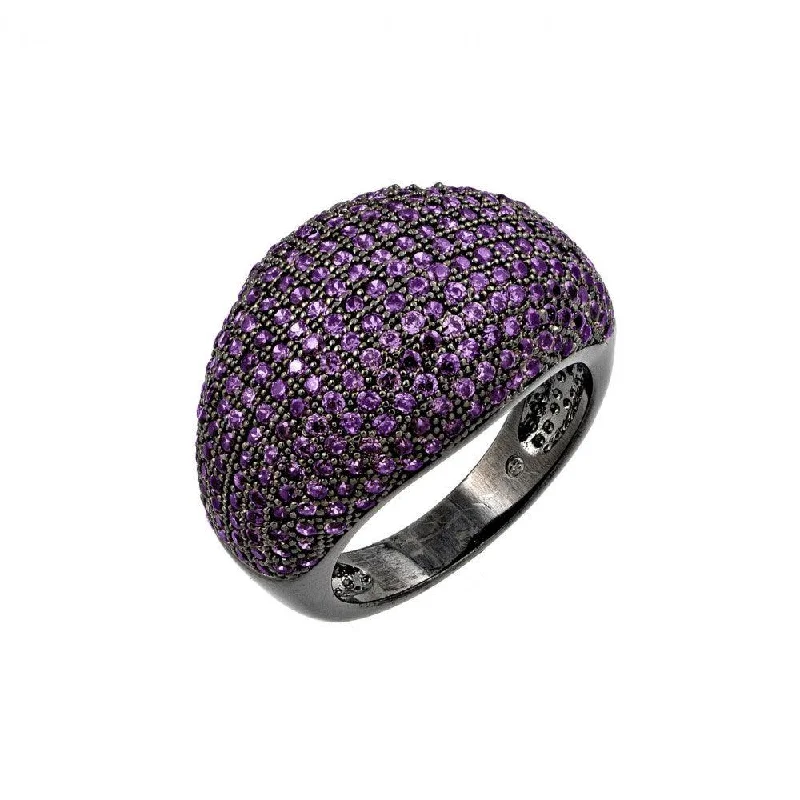 Ladies rings textured band designs-Silver 925 Oxidized Rhodium Plated Purple CZ Dome Ring - BGR00774PUR