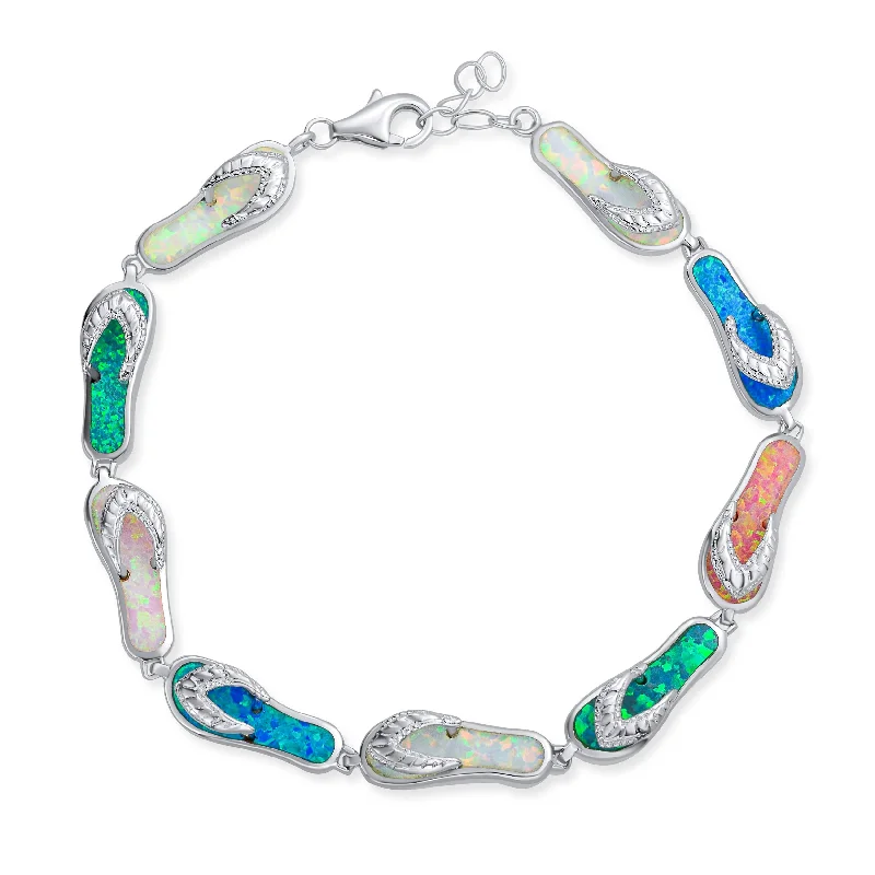 Ladies bracelets dangling charm styles-Tropical Beach Multi-Color Flip Flop Strand Bracelet with Created Opal in Silver