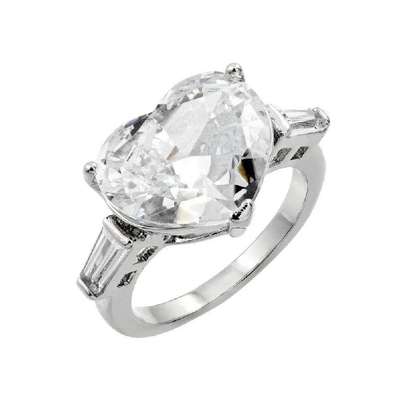 Ladies rings petite charm designs-Silver 925 Rhodium Plated Larger Clear CZ Heart Ring - BGR00844