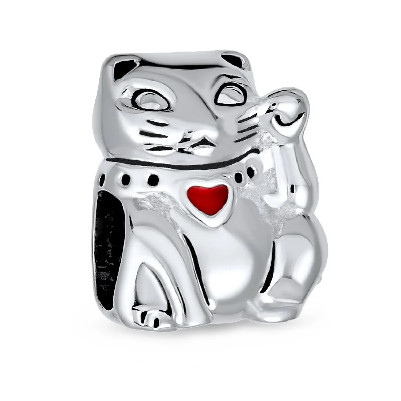 Ladies bracelets pure silver styles-Japanese Red Heart Maneki Neko Lucky Cat Charm Bead for European Bracelet