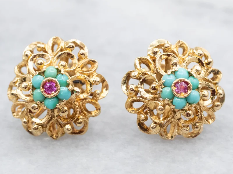 Ladies earrings white diamond styles-Turquoise and Pink Sapphire Stud Earrings