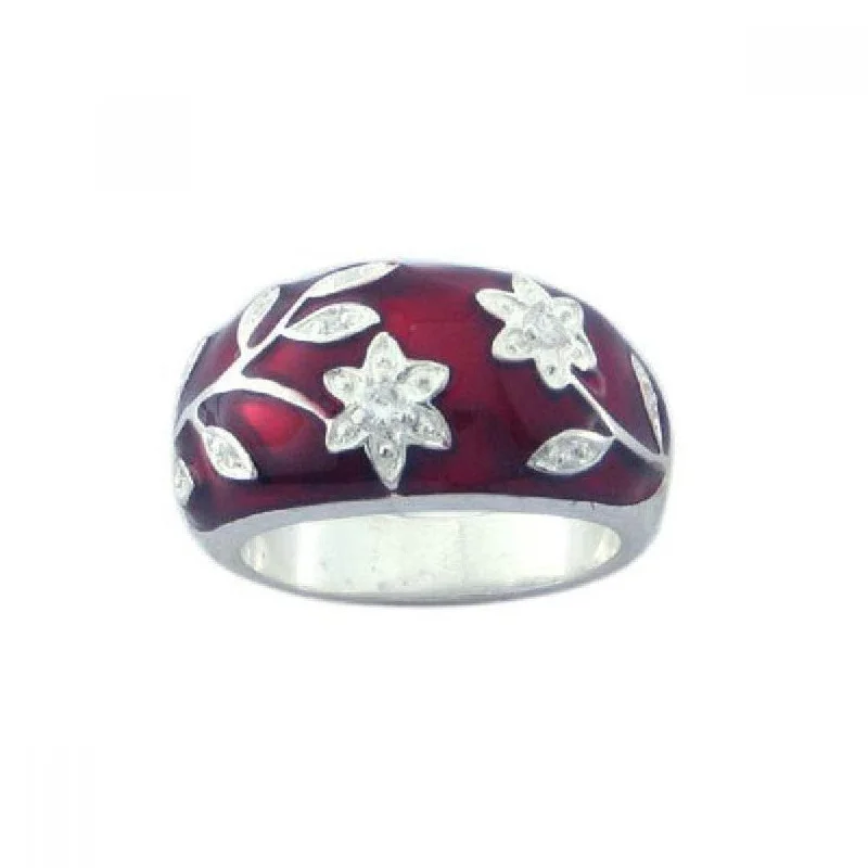 Ladies rings ergonomic shape rings-Silver 925 Rhodium Plated Red Enamel CZ Flower Ring - STR00545