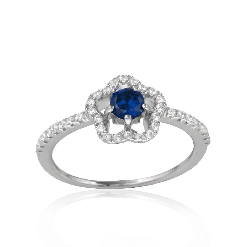 Ladies rings New Year’s Eve rings-Rhodium Plated 925 Sterling Silver Clover Micropave Ring with Blue Center CZ and Clear Round CZ - BGR01120BLU