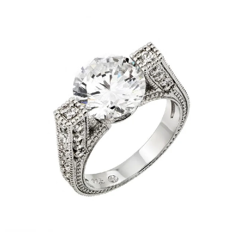 Ladies rings social media trends-Silver 925 Rhodium Plated Clear Round Center and Pave Set CZ Ring - BGR00758