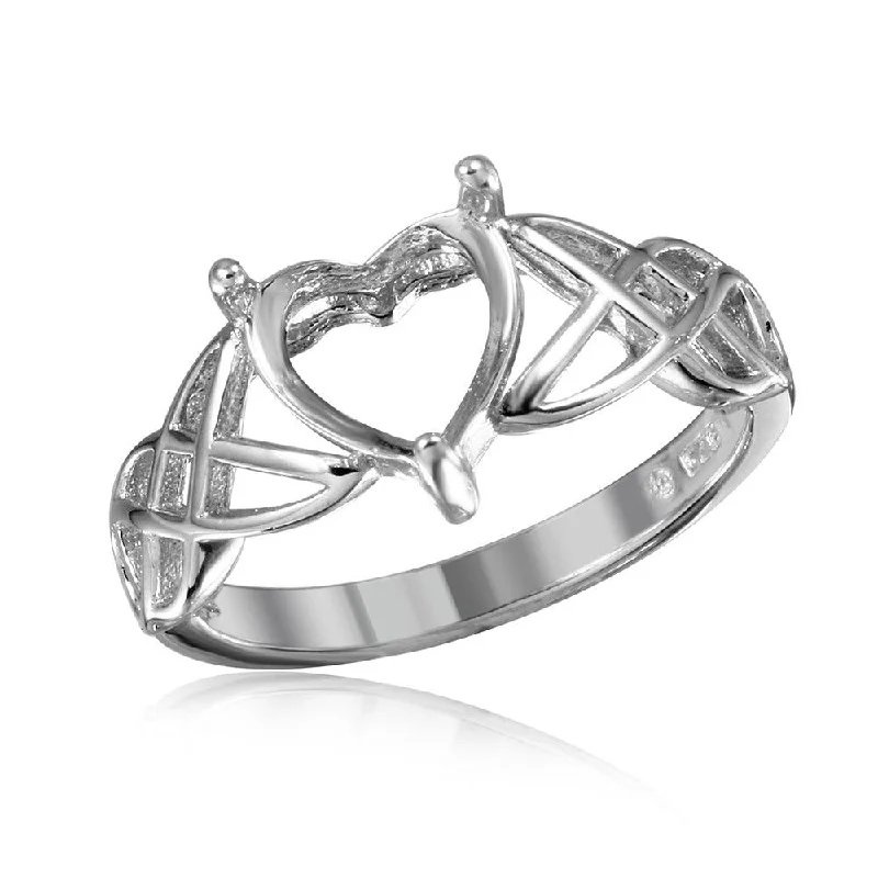 Ladies rings eye-catching rings-Silver 925 Rhodium Plated Criss Cross Designed Shank Heart Mounting Ring - BGR01016