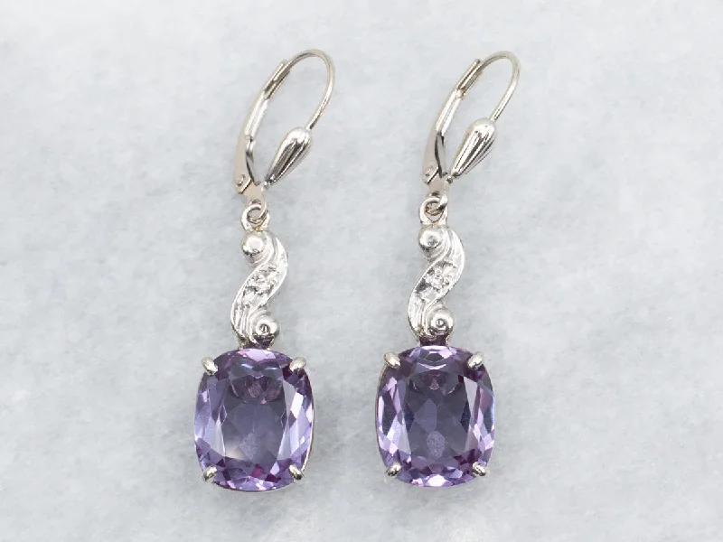 Ladies earrings asymmetrical pair picks-Synthetic Alexandrite and Diamond Drop Earrings