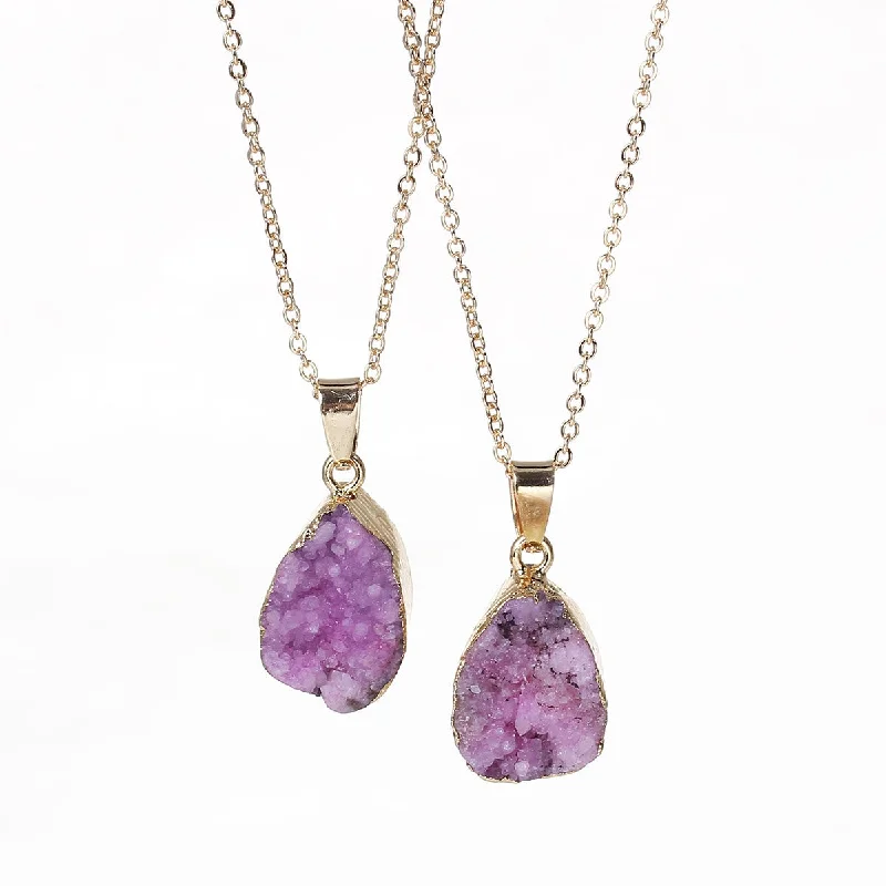 Ladies necklaces versatile wear designs-SEXY SPARKLES Natural Stone Druzy Drusy Necklace Pendant Link Cable Chain Purple Drop