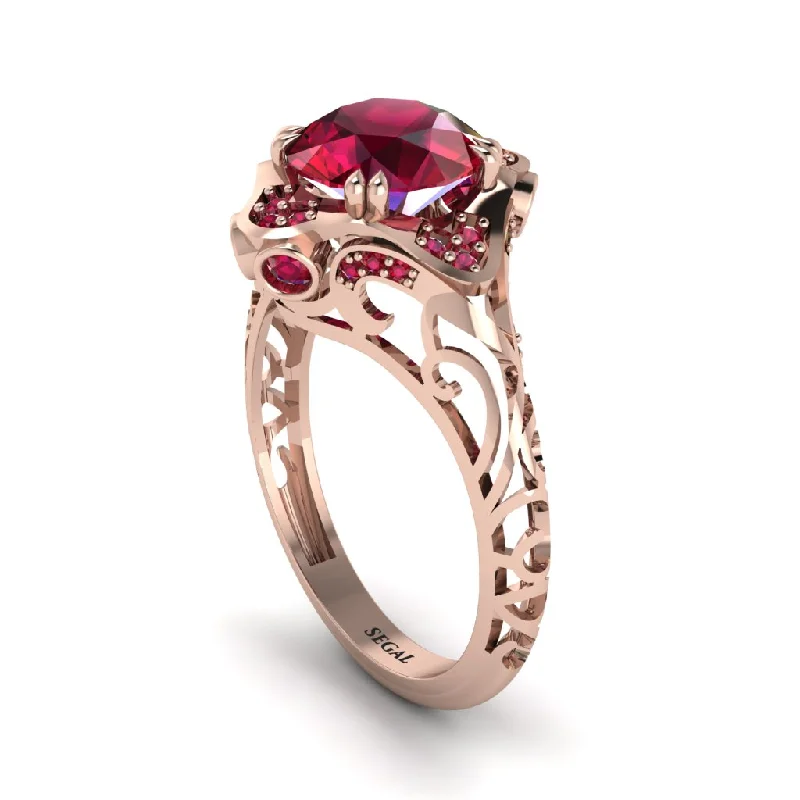 Ladies engagement rings personalized diamonds-Ruby Ornate Filigree Engagement Ring - Evie No. 56