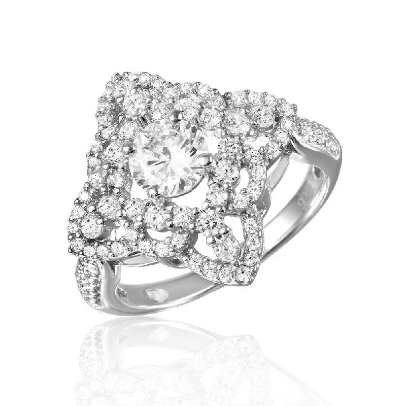 Ladies rings standout unique styles-Silver 925 Rhodium Plated Diamond Shape Design Ring Encrusted with CZ Stones - GMR00087