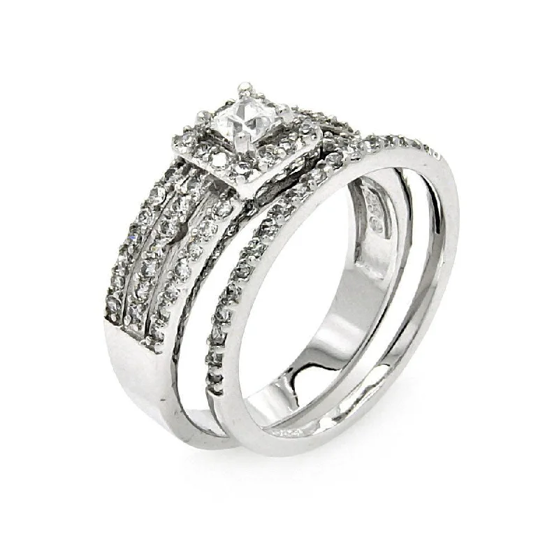 Ladies rings heritage inspired rings-Silver 925 Rhodium Plated 3 Row Clear Square Center CZ Bridal Ring Set - BGR00457