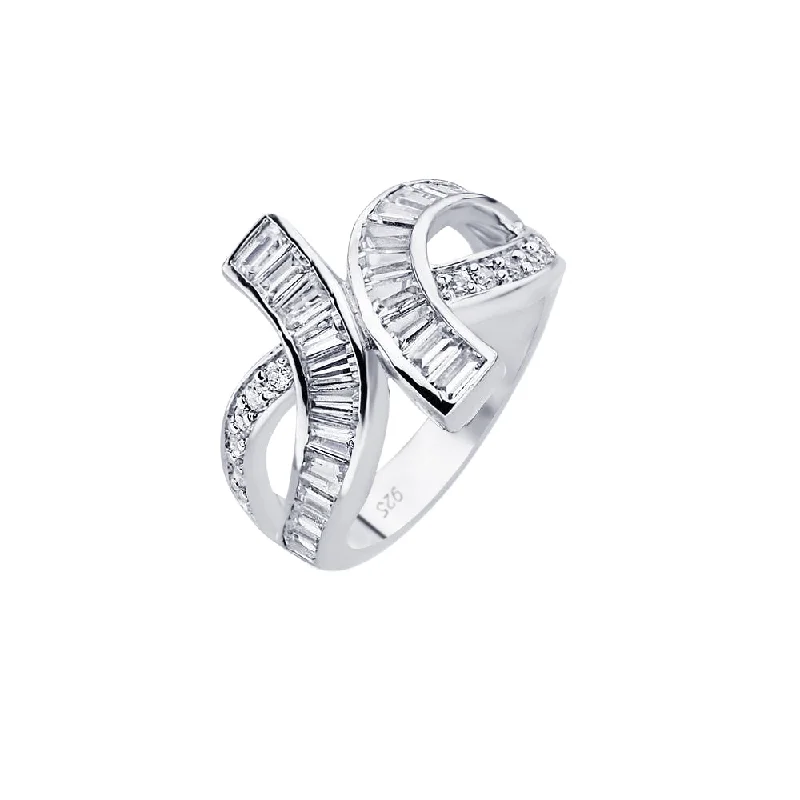 Ladies rings oxidized finish rings-Silver 925 Rhodium Plated Clear Baguette CZ Knot Ring - BGR00565