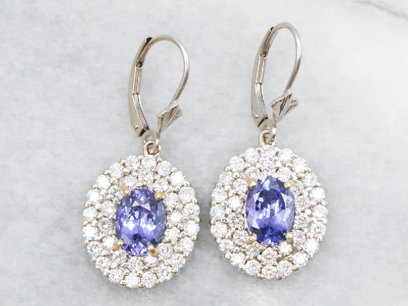 Ladies earrings lab-created gem styles-Luxe Tanzanite and Diamond Halo Drop Earrings