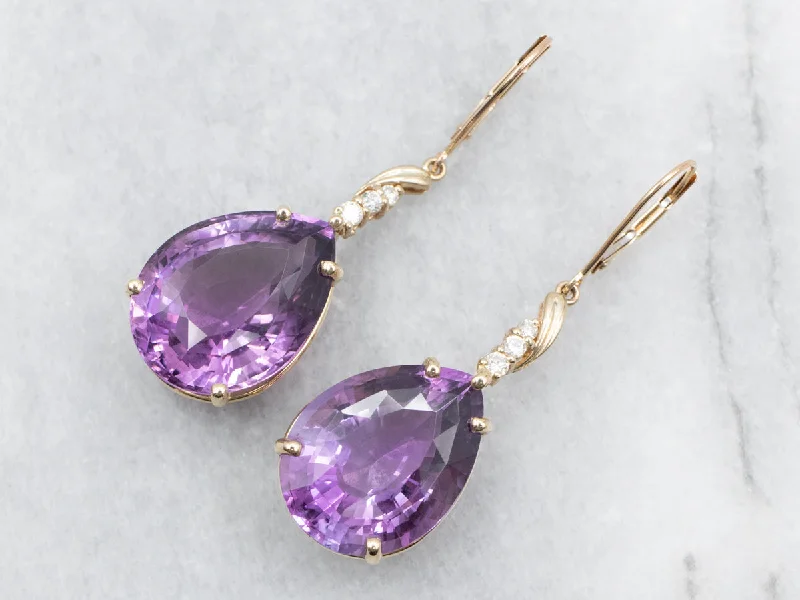 Ladies earrings cascading stone earrings-Amethyst and Diamond Statement Earrings