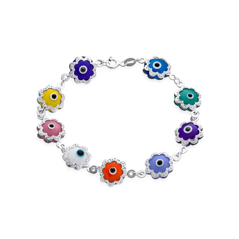 Ladies bracelets knot symbol designs-Protection Amulet Strand Bracelet with Multi-Color Evil Eye Charms Sterling Silver