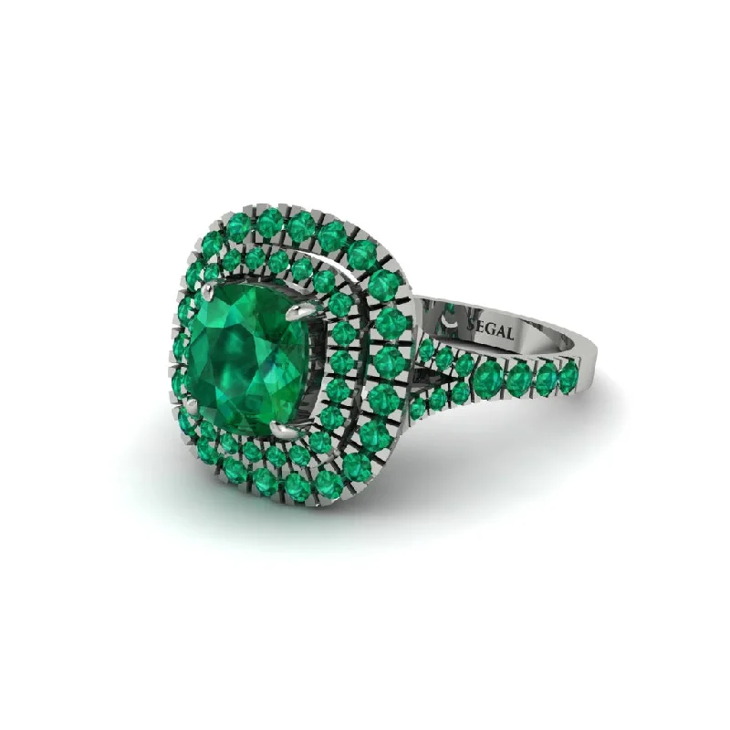 Ladies engagement rings cushion gemstones-Emerald Double Halo Cushion Cut Engagement Ring - Courtney No. 21