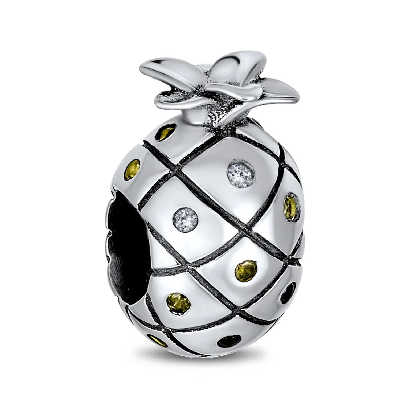 Ladies bracelets delicate thin styles-Tropical Pineapple Charm Bead with Golden CZ for European Bracelets Sterling Silver