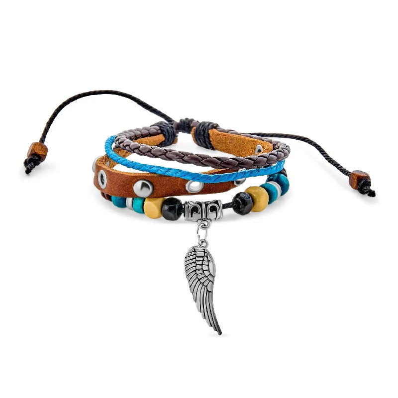 Ladies bracelets wide cuff styles-Bohemian Leather Triple Wrap Bracelet with Turquoise Beads and Angel Wing Charm