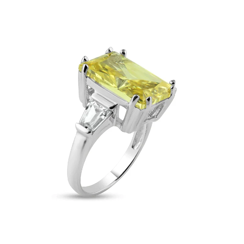 Ladies rings sharp edge styles-Silver 925 Rhodium Plated Rectangular Yellow Center and Clear CZ Ring - STR00453YEL