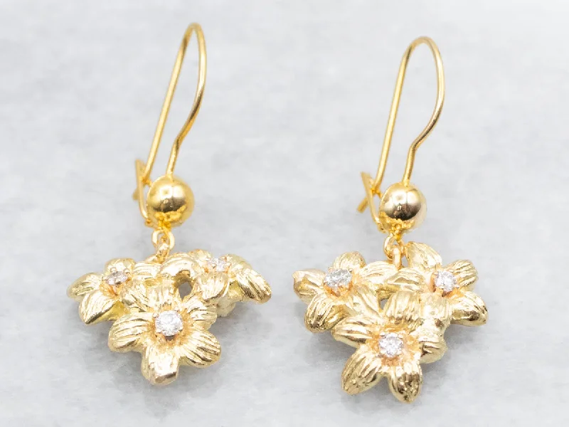 Ladies earrings cyberpunk style earrings-Golden Floral Diamond Drop Earrings