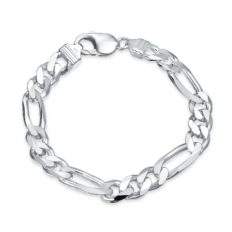 Ladies bracelets artisan metalwork designs-Men's Thick Heavy  Sterling Silver Figaro Chain Link Bracelet 9MM 8 Inch