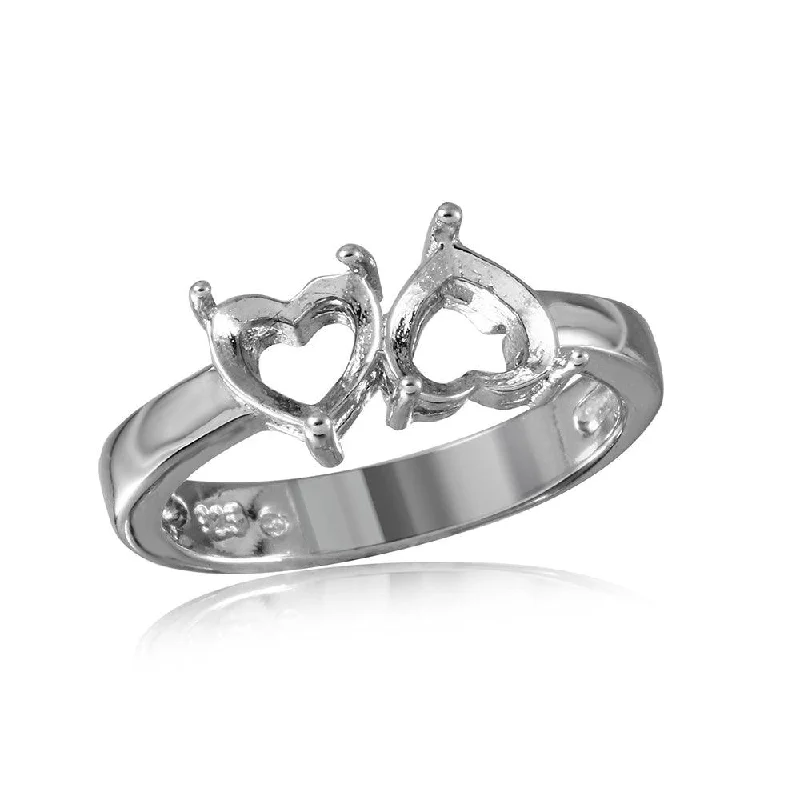 Ladies rings pinky finger styles-Silver 925 Rhodium Plated Reversed Double Hearts Mounting Ring - BGR00499