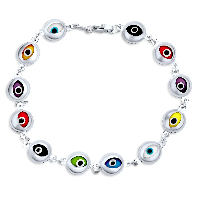 Ladies bracelets loose style bracelets-Turkish Multicolor Evil Eye Strand Bracelet with Flower Charms Sterling Silver