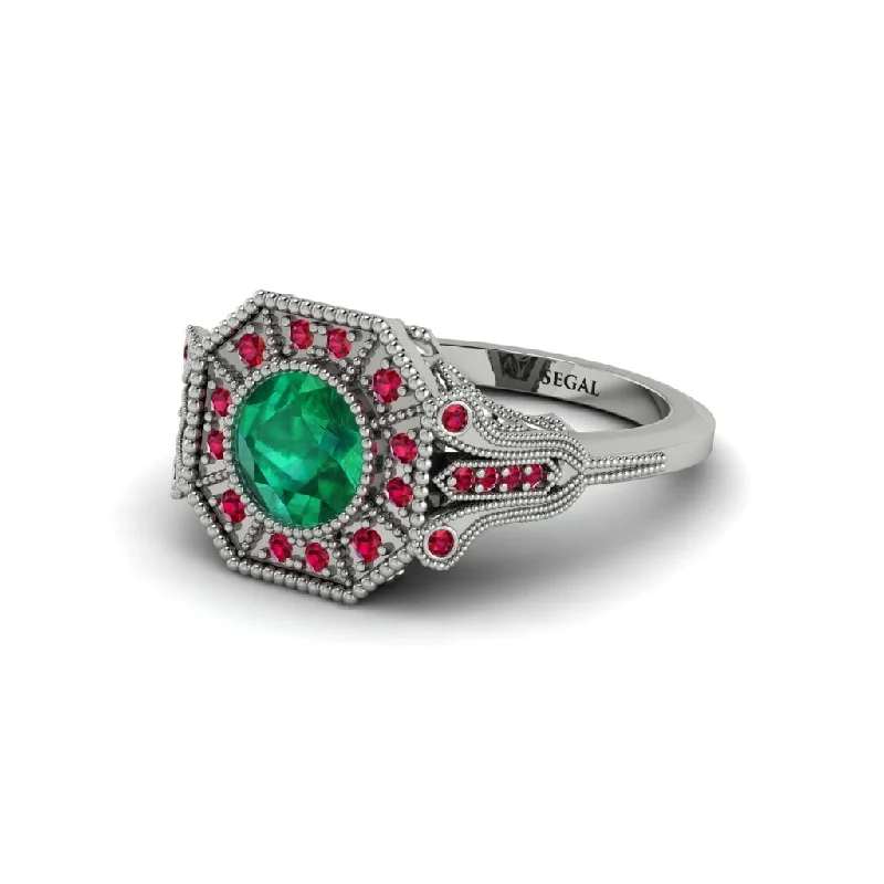 Ladies engagement rings hand-forged halo rings-Emerald 14K Gold Art Deco Engagement Ring - Erin No. 51