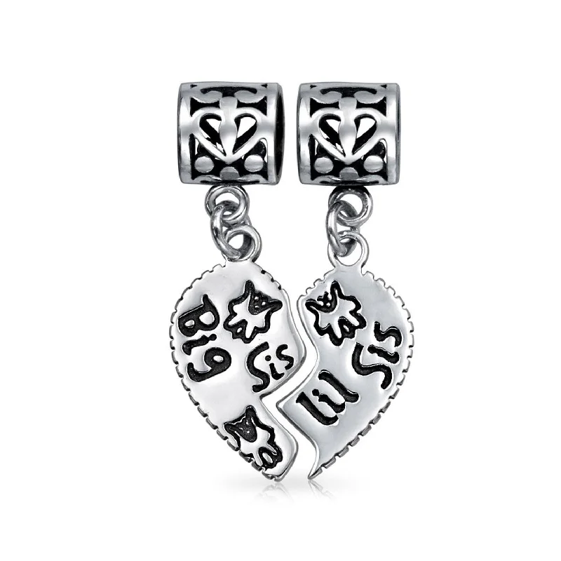 Ladies bracelets avant-garde designs-BFF SIS Little SIS Heart Charm Bead Sterling Silver for European Bracelet