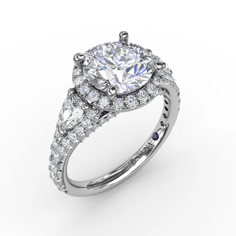 Ladies engagement rings natural solitaires-Three-Stone Round Diamond Halo Engagement Ring