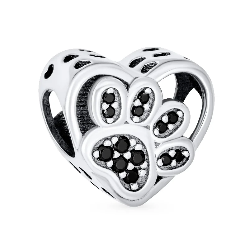 Ladies bracelets minimalist art styles-Black CZ Heart Paw Print Charm Bead for Pet Lovers - Fits European Bracelet