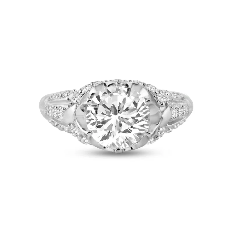 Ladies rings custom engraving options-Silver 925 Rhodium Plated Micro Pave Clear CZ Flower Ring - ACR00007