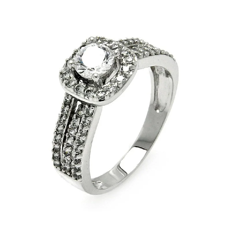 Ladies rings cascading stone rings-Silver 925 Rhodium Plated Round Pave Set Center CZ Square Ring - BGR00464