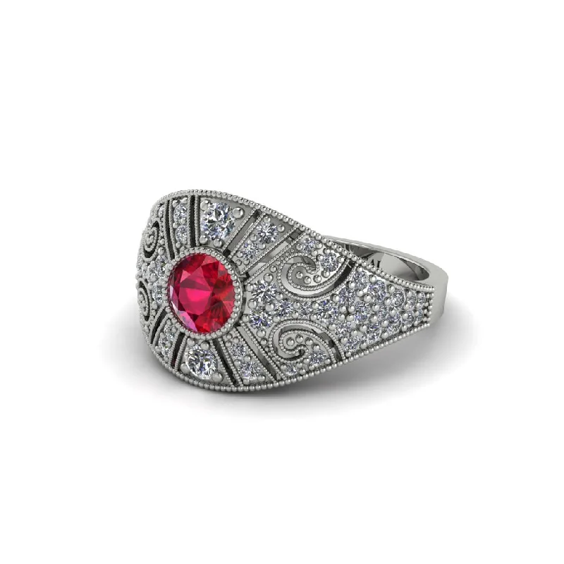 Ladies engagement rings red diamond styles-Ruby Vertical Three Stone Vintage Engagement Ring - Vivienne No. 12