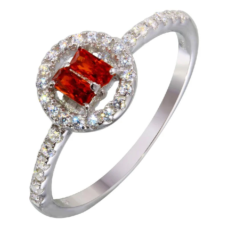 Ladies rings satin finish designs-Rhodium Plated 925 Sterling Silver Red Stone Ring with CZ - BGR01140RED