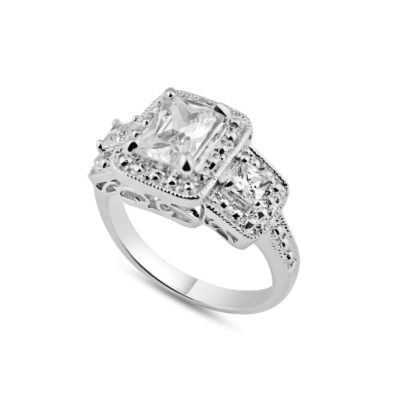 Ladies rings emerald cut rings-Rhodium Plated 925 Sterling Silver 3 Set Square Clear CZ Bridal Ring - BGR00552