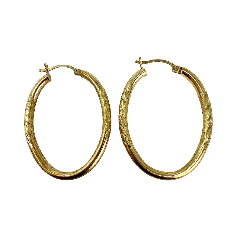 Ladies earrings champagne diamond designs-14K Gold Etched and Elongated Hoop Earrings